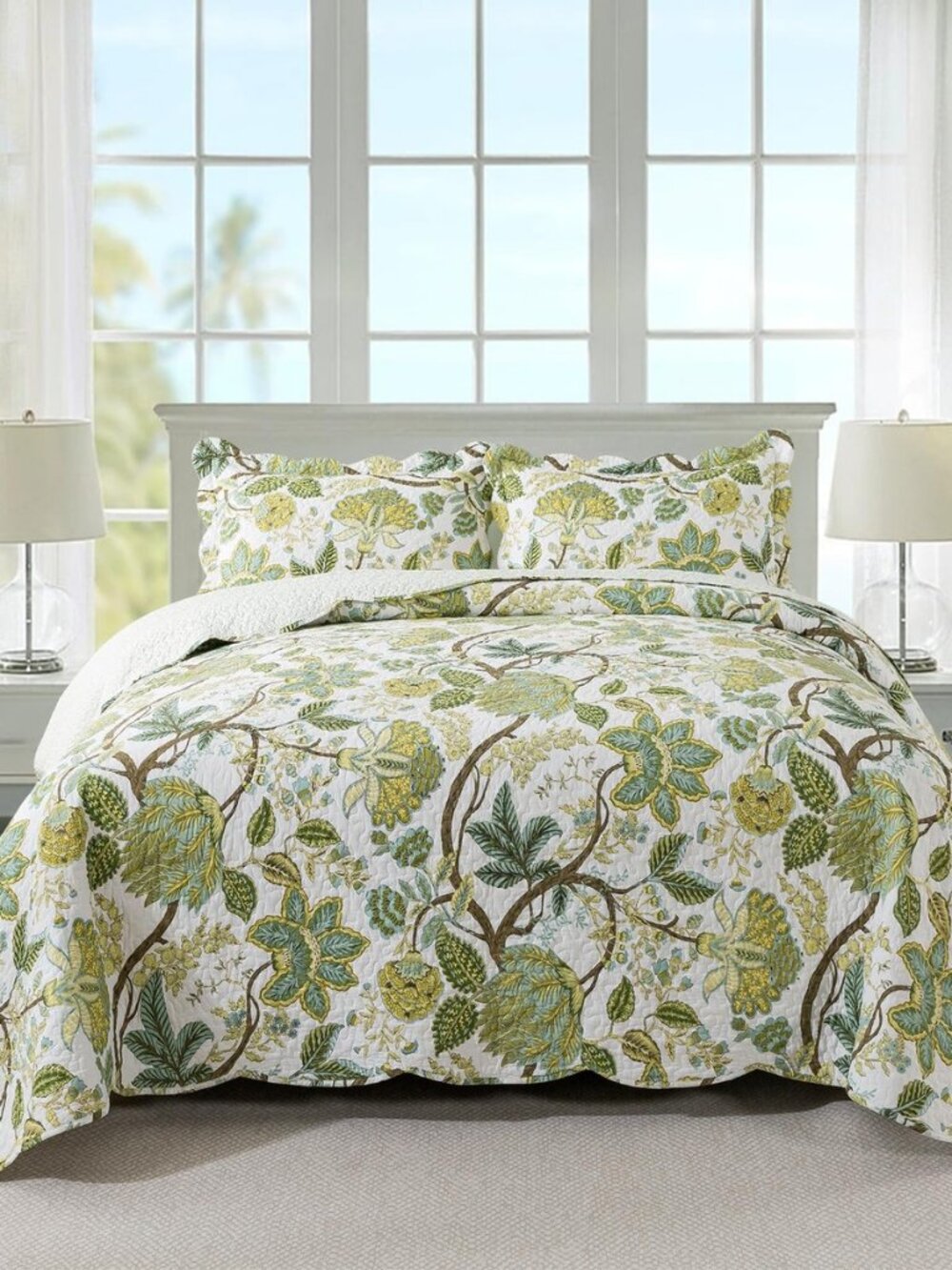 3-Piece Quilt Set Quilted Bedspread Cotton Coverlet Set Floral Oversized Quilted